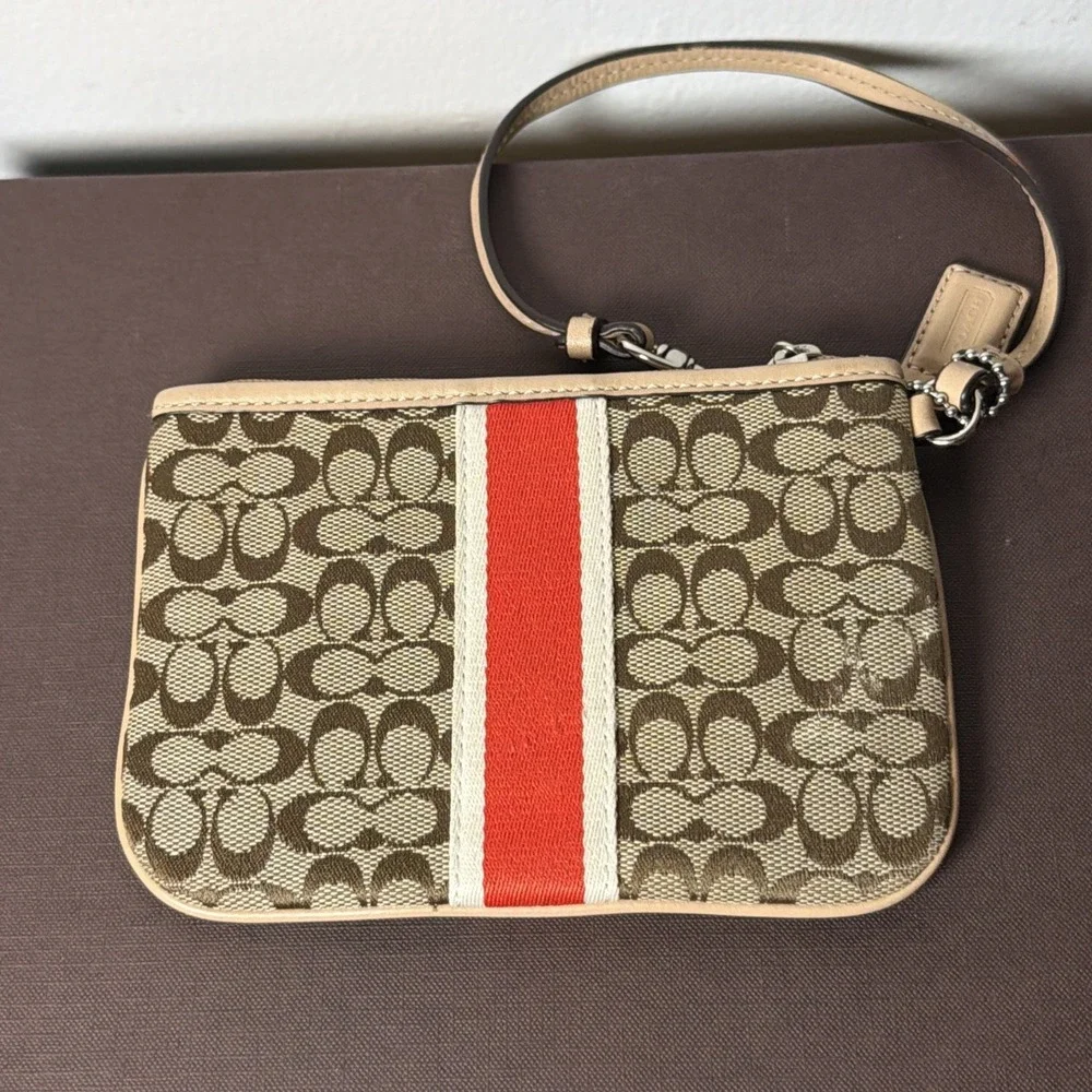 Coach F50594 Signature Stripe Canvas Wristlet Y2K Aesthetic Preppy Hangtag